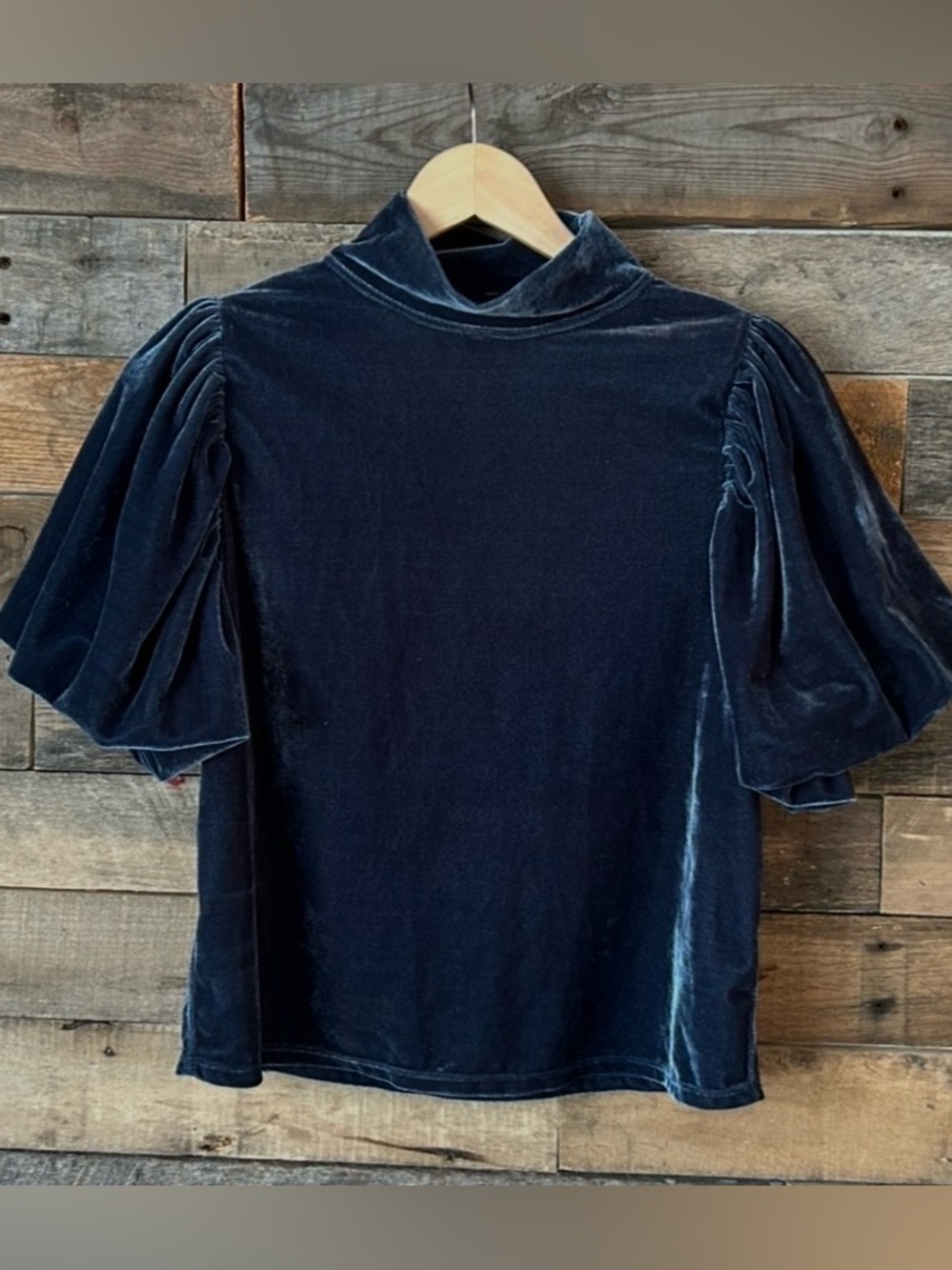 Free People Dark Navy Velvet Puff Sleeve Blouse